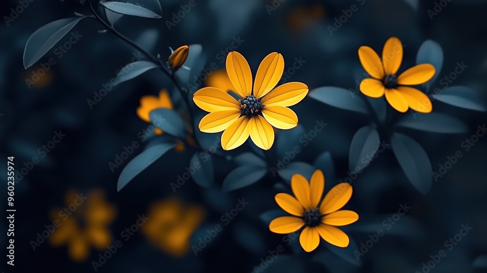 Fototapeta premium Dark yellow flowers with dark gray leaves in the background