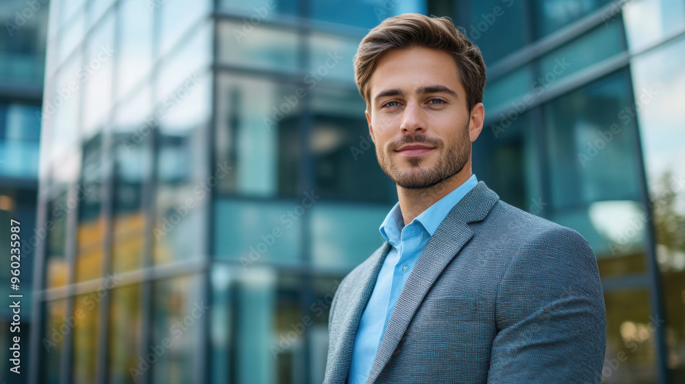 Young businessman, Confident young businessman posing in front of a contemporary office building, showcasing professionalism and success in his career Young businessman, Confident young businessman posing in front of a contemporary office building, showcasing professionalism and success in his career