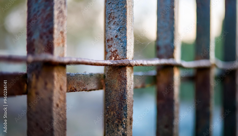 Rusty metal bar in prison cell. Military and security industry concept.