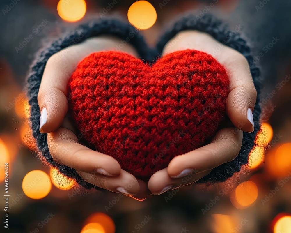 Close-up of hands holding a knitted red heart against a background of warm bokeh lights, symbolizing love, warmth, and care. Close-up of hands holding a knitted red heart against a background of warm bokeh lights, symbolizing love, warmth, and care.