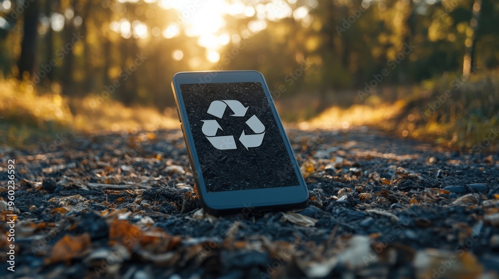 Obraz premium Simple AI-driven recycling reminder on a smart device, minimal scene with soft light and ample copy space, copy space for stock photo with minimal concept, No logo, No Trademark, No text