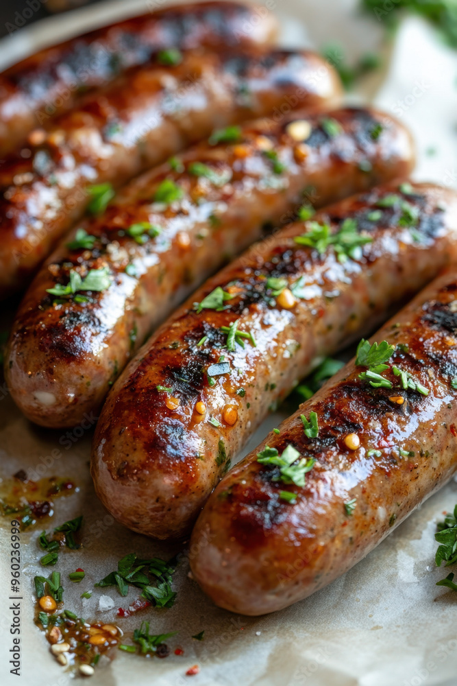 Grilled Sausages, Succulent grilled sausages topped with fresh herbs on a light backdrop, perfect for showcasing delicious outdoor meals and barbecues Grilled Sausages, Succulent grilled sausages topped with fresh herbs on a light backdrop, perfect for showcasing delicious outdoor meals and barbecues