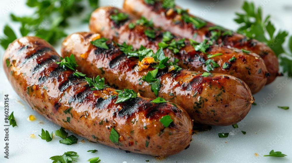 Grilled Sausages, Succulent grilled sausages topped with fresh herbs on a light backdrop, perfect for showcasing delicious outdoor meals and barbecues Grilled Sausages, Succulent grilled sausages topped with fresh herbs on a light backdrop, perfect for showcasing delicious outdoor meals and barbecues