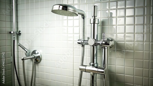 Modern shower fixtures on white tiled wall.