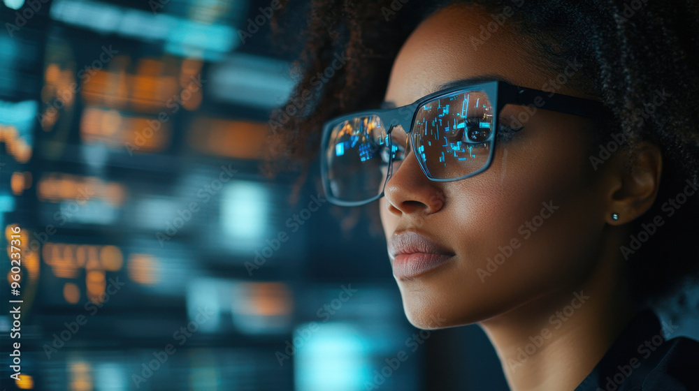 IT Specialist, A Black female IT specialist is analyzing data through augmented reality, showcasing her expertise in cybersecurity and technology IT Specialist, A Black female IT specialist is analyzing data through augmented reality, showcasing her expertise in cybersecurity and technology
