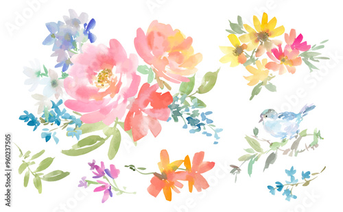 A set of abstract flowers and birds vector illustrations painted in watercolor. Hand painted bouquet illustration of roses and peonies painted in watercolor for invitations and cards.