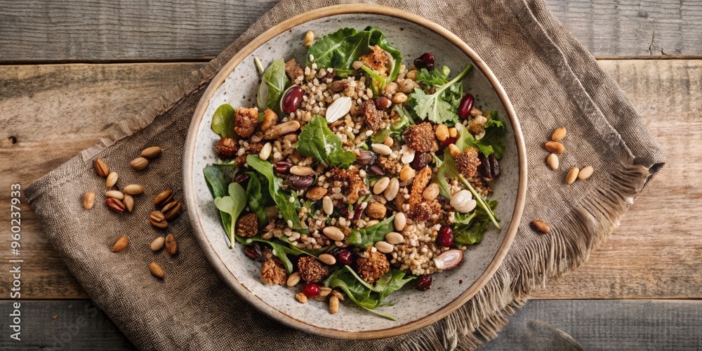 Nutty salad with greens on a wooden table. Nutty salad with greens on a wooden table.