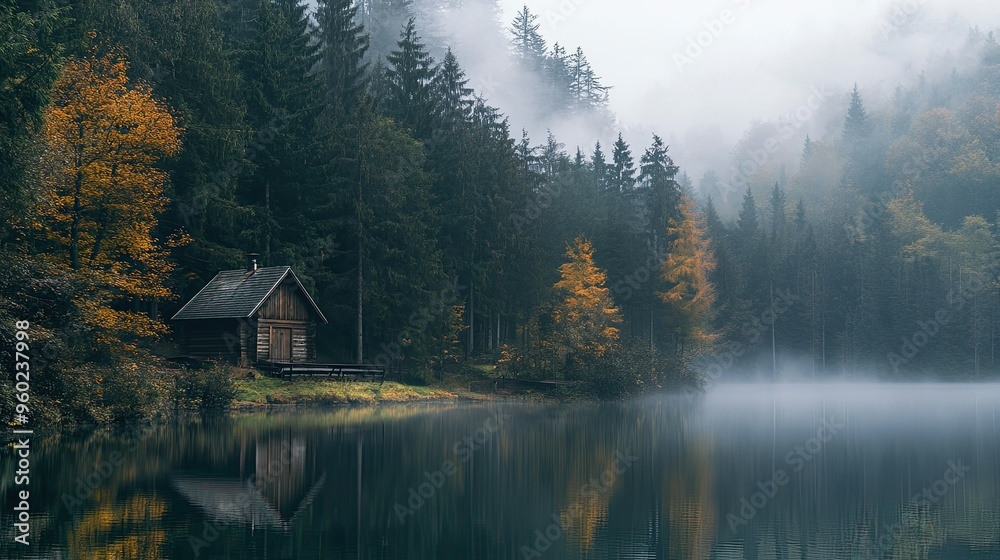 Fototapeta premium A serene forest with a mist-covered lake and a wooden cabin on the shore.