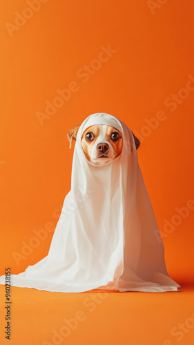 Dog wearing ghost costume on color background, Halloween concept photo