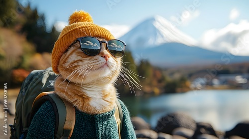 Adventurous Cat Wearing Sunglasses and Hat with Backpack in Front of Mountain