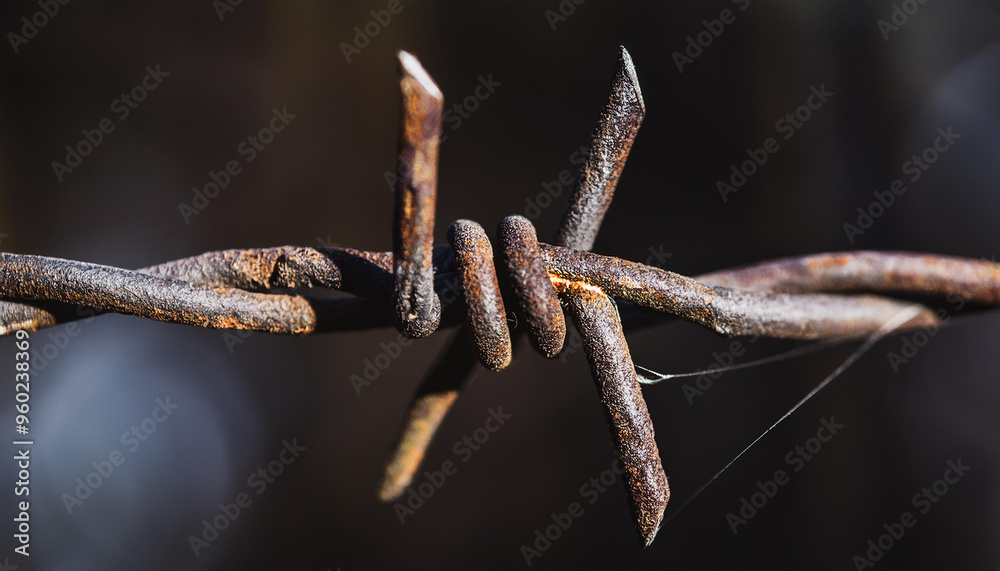 Close-up of rusty barbed metal wire, dark backdrop. Military and security industry Close-up of rusty barbed metal wire, dark backdrop. Military and security industry