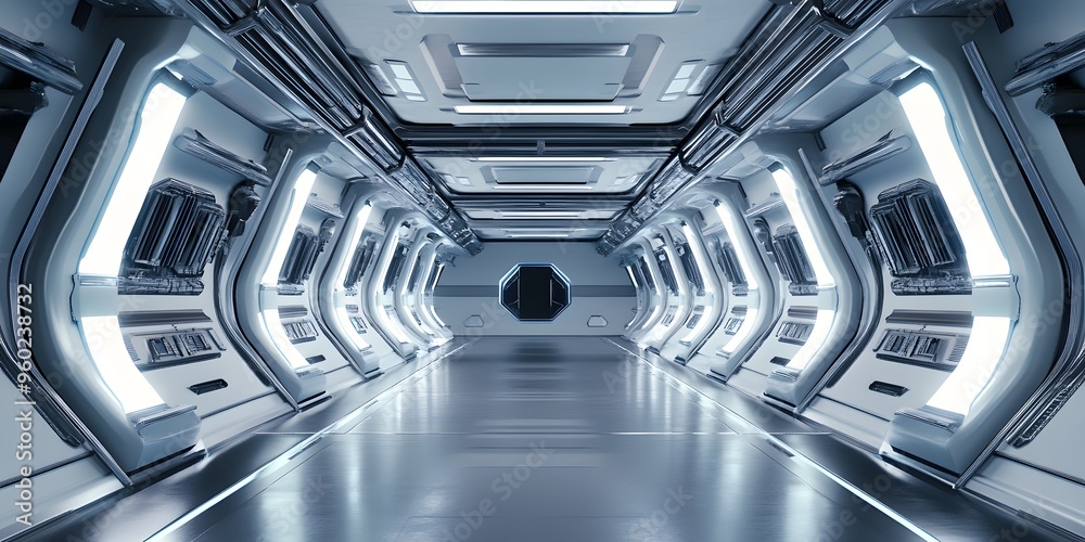 A long, narrow spaceship corridor with blue lights and rows of monitors on either side. A long, narrow spaceship corridor with blue lights and rows of monitors on either side.