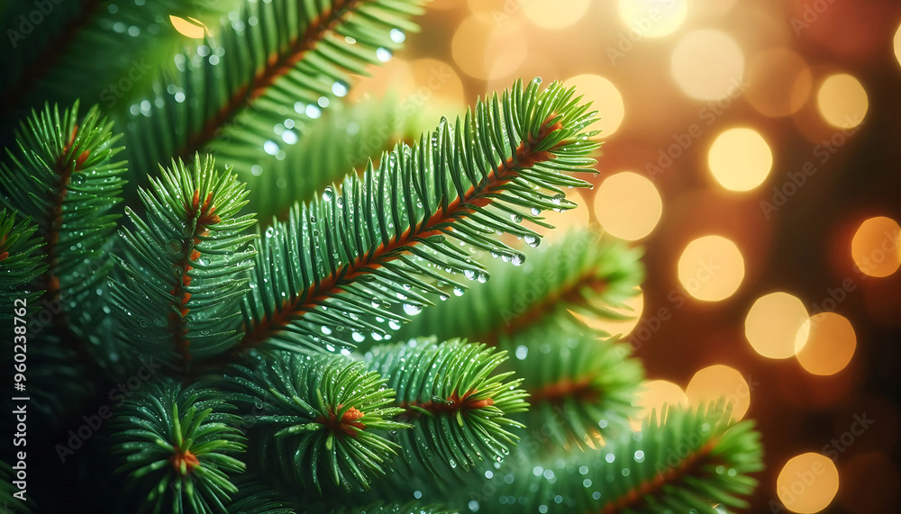 A pine tree branch with droplets of water showcasing vibrant green needles. The background features soft blurred bokeh lights in warm tones a festive atmosphere A pine tree branch with droplets of water showcasing vibrant green needles. The background features soft blurred bokeh lights in warm tones a festive atmosphere