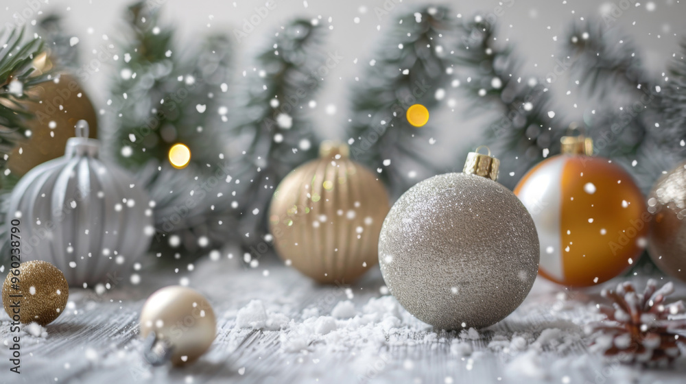 Christmas ornaments on snowy pine branches with festive bokeh background