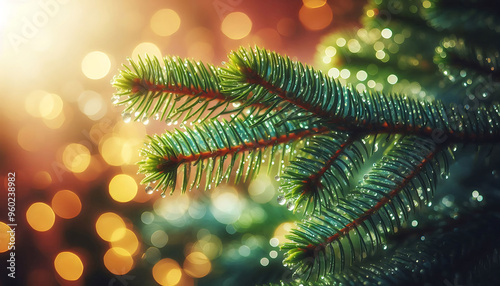 A pine tree branch with droplets of water showcasing vibrant green needles. The background features soft blurred bokeh lights in warm tones a festive atmosphere