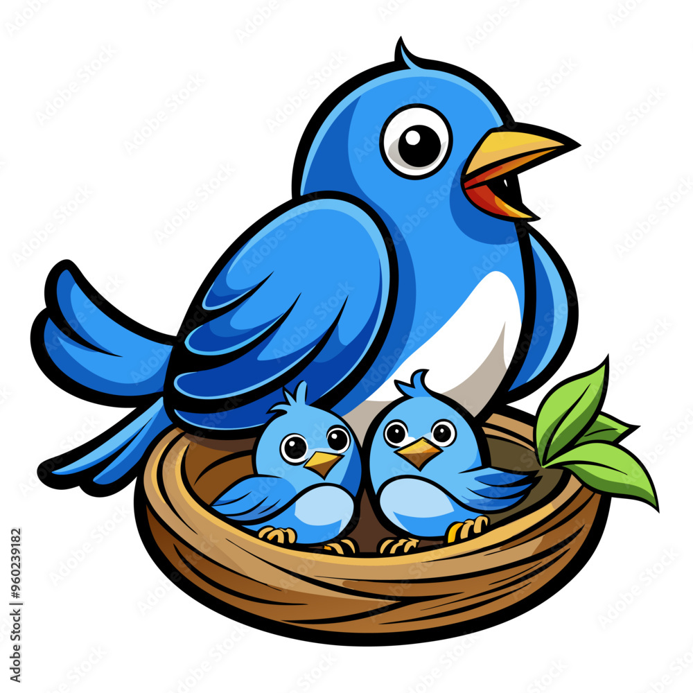 Fototapeta premium Mother blue bird feeding her baby's on nest vector art illustration on white background 