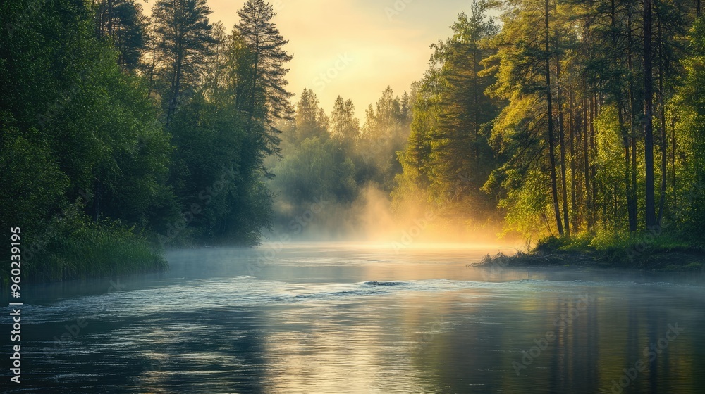 A serene Russian river flowing through a forest with the early morning mist. A serene Russian river flowing through a forest with the early morning mist.