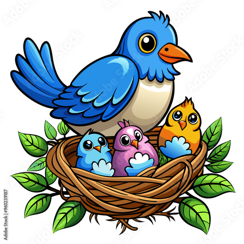 Mother blue bird feeding her baby's on nest vector art illustration on white background  