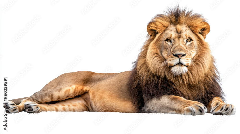 Obraz premium Adult Lion, A male adult lion is lying down, showcasing its majestic mane and powerful physique, isolated on a white background for clear visibility