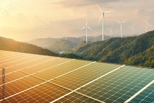 wind turbine with solar panels on top mountain.clean energy.Energy supply,wind turbine,eolic turbine,distribution of energy, Powerplant, Ecosystem and  environment,high voltage supply concept