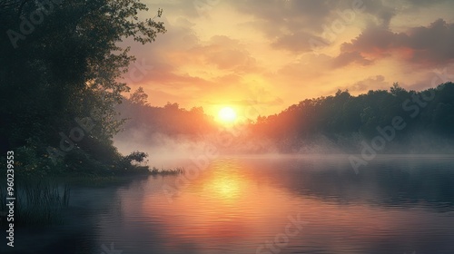 A serene sunrise over a tranquil lake, with mist rising from the water.