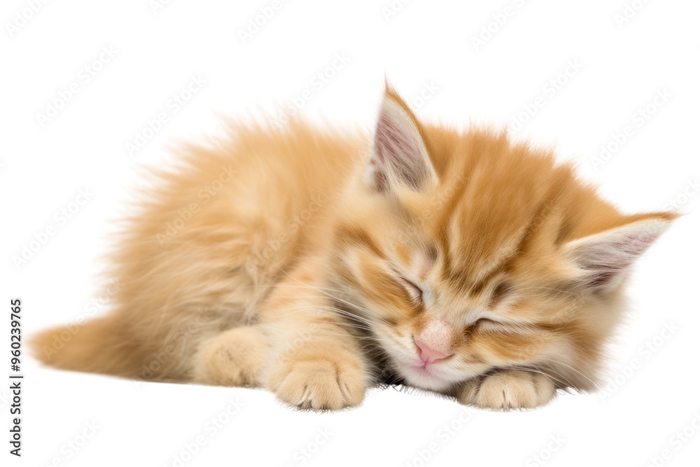 Fototapeta premium Cute, fluffy, sleeping kitten on a white background
