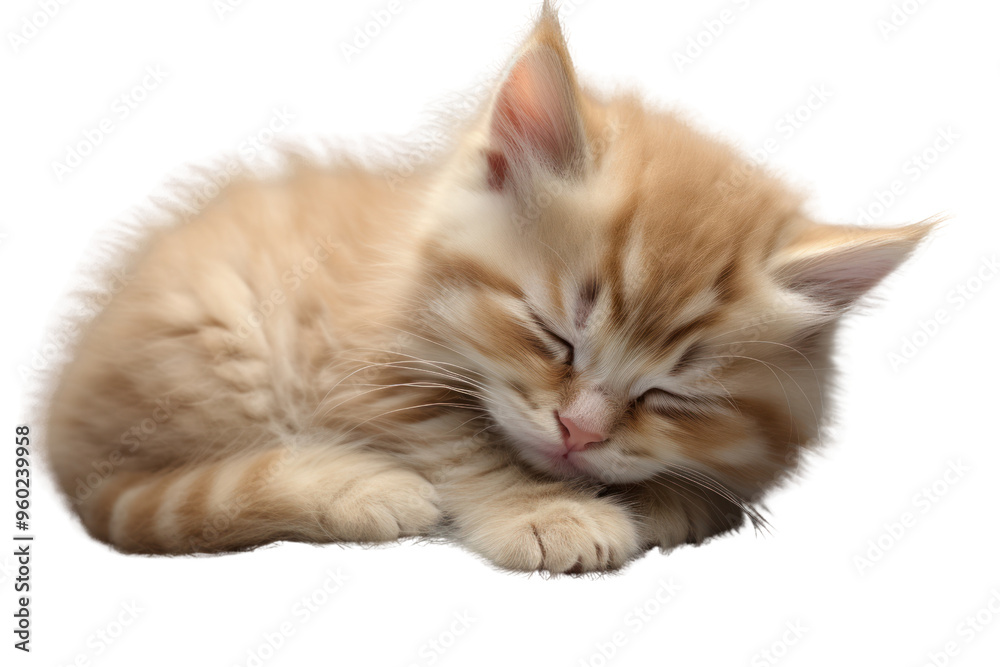 Obraz premium Cute, fluffy, sleeping kitten on a white background