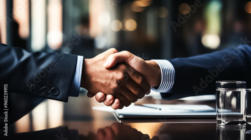 Two handshake on a desk, one of which is shaking hands, business people shaking hands, handshake, business people shaking hands in the office, business people shaking hands in front of office