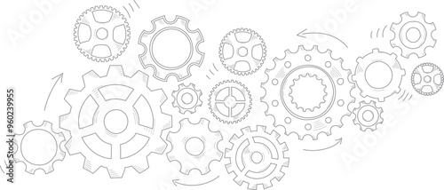 Hand drawn gear cogwheel. Doodle sketch style color gear mechanism. Concept of business idea, teamwork, progress background. Doodle cog