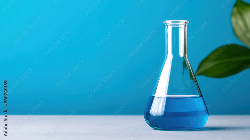 A close-up of a glass flask filled with blue liquid on a bright blue background, showcasing a clean and modern laboratory setting. A close-up of a glass flask filled with blue liquid on a bright blue background, showcasing a clean and modern laboratory setting.