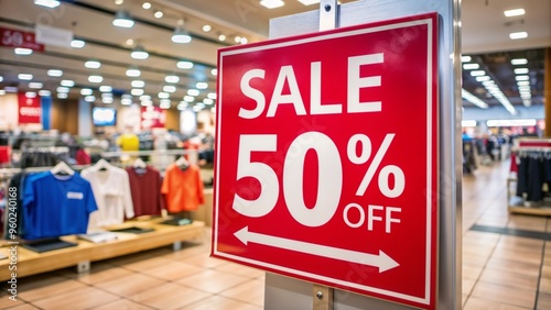 Sale up to 50 percent off text on a signboard stand inside a popular clothing store