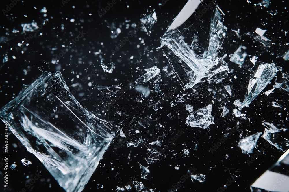 Shattered glass pieces scattered across a dark surface, capturing the dynamic motion of the fragments as they disperse Shattered glass pieces scattered across a dark surface, capturing the dynamic motion of the fragments as they disperse