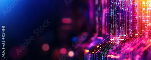 Vibrant abstract digital art featuring colorful patterns and glowing lights, ideal for technology-focused projects. photo