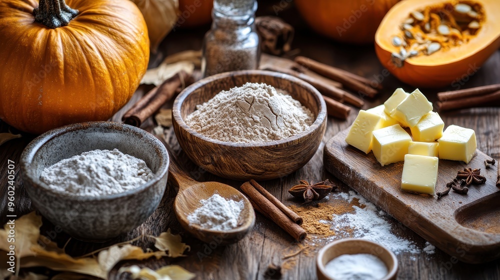 Fototapeta premium A rustic kitchen countertop is filled with pumpkins, spices, and ingredients ready for autumn baking and cooking activities