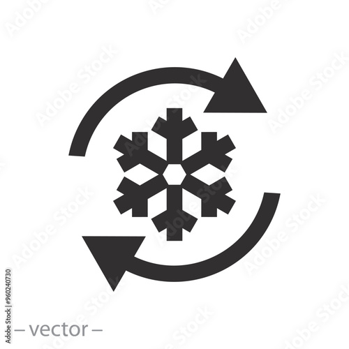 auto cooling or defrost icon, freezer control, conditioning car or house, snowflake with two rotation arrows, flat vector illustration