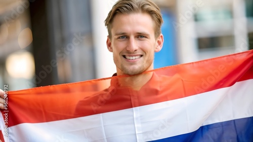 man with big flag of Netherlands in his hands on a street