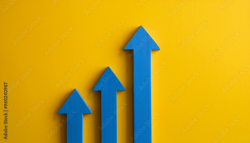 Blue wooden arrow pointing upwards on yellow background. Business and market growth. Flat lay Blue wooden arrow pointing upwards on yellow background. Business and market growth. Flat lay
