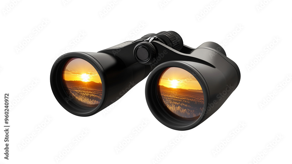 Pair of binoculars with sunrise view isolated on transparent background Pair of binoculars with sunrise view isolated on transparent background