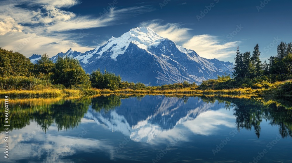 Fototapeta premium A snow-capped mountain peak reflected in a calm alpine lake.