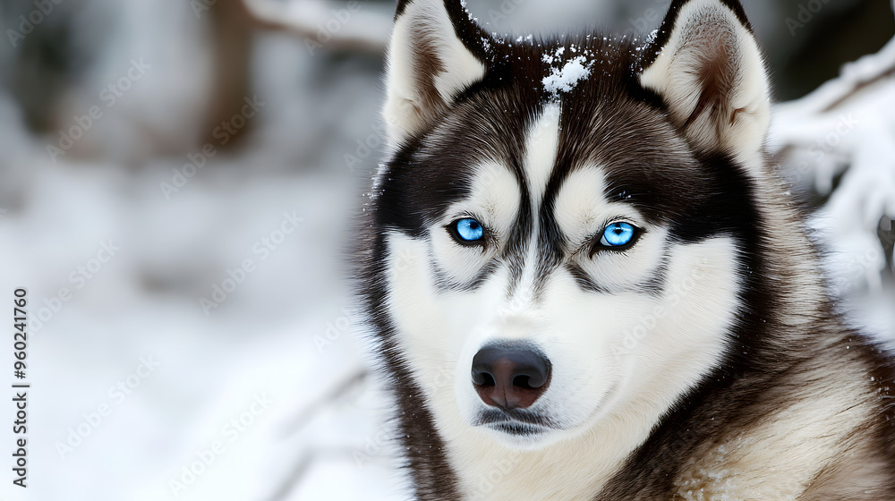 Detailed Portrait of a Majestic Siberian Husky with Striking Blue Eyes, Set Against a Snowy Backdrop. This Stunning Dog Captures Attention with Its Unique Eye Color and Regal Presence Detailed Portrait of a Majestic Siberian Husky with Striking Blue Eyes, Set Against a Snowy Backdrop. This Stunning Dog Captures Attention with Its Unique Eye Color and Regal Presence