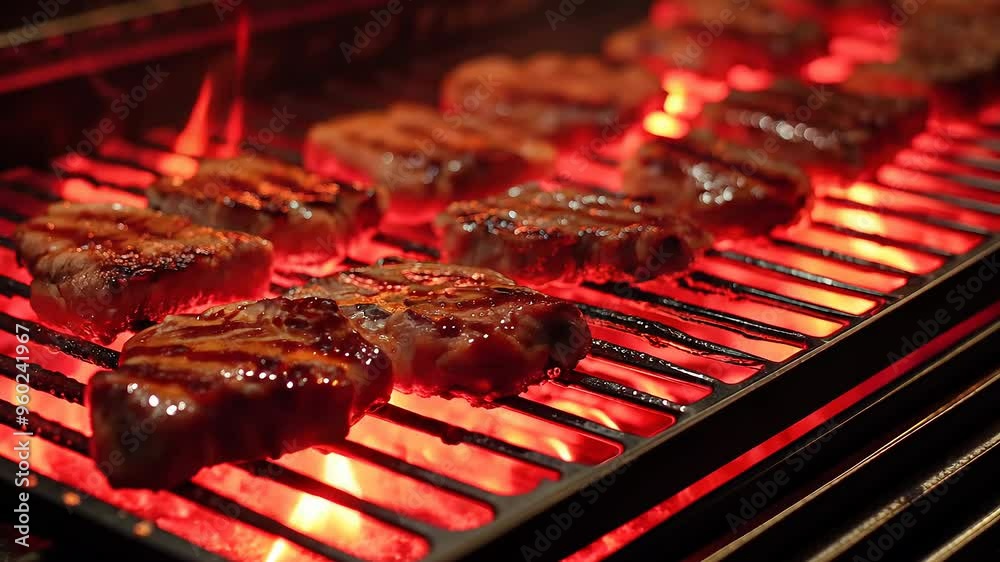 A grill with meat on it that is cooking. The meat is brown and has grill marks