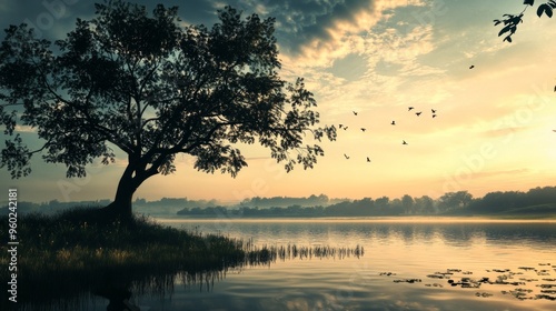 Silhouette of a Tree at Sunset Over a Still Lake