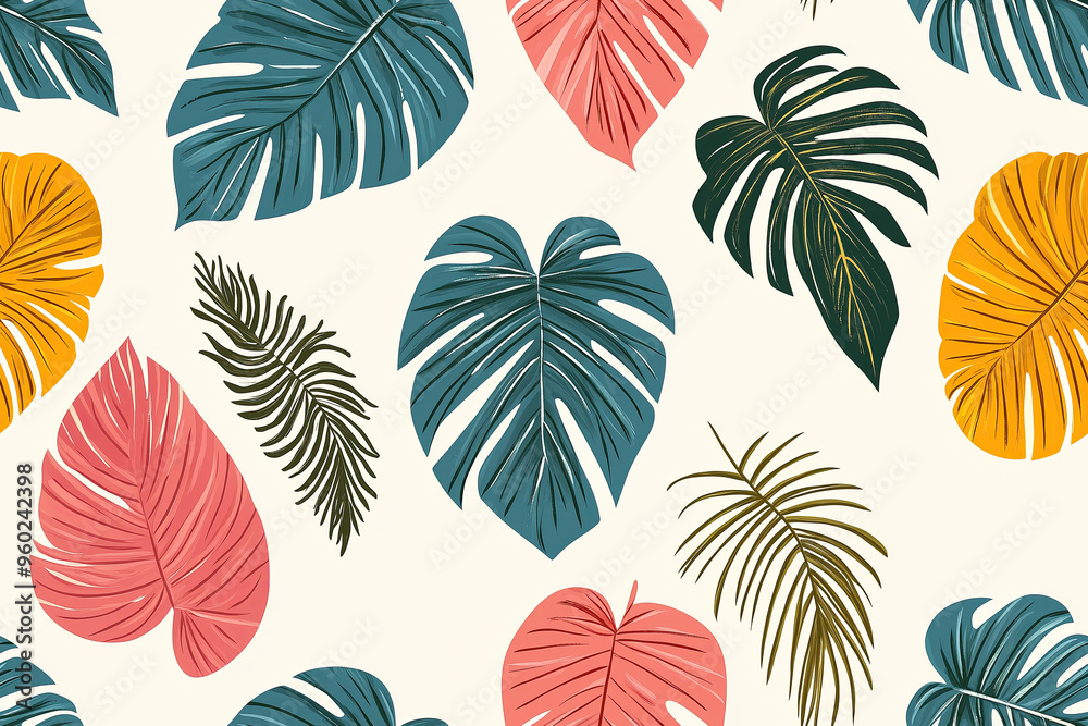 Fototapeta premium Tropical Leaves Coloured Seamless Pattern - Perfect Repeat