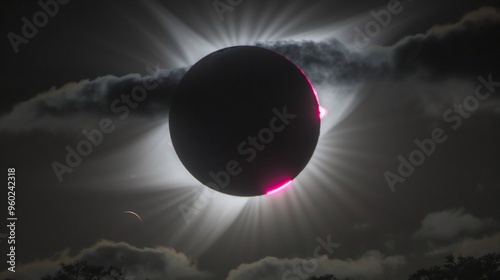 Path of totality during an eclipse where the sun and moon create a dark umbra casting a solar shadow across the Earth