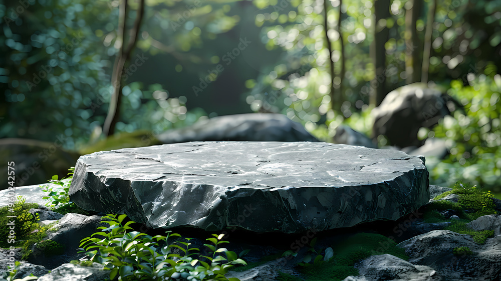 Stone podium on rock platform 3d illustration, product display stand on grey rock pedestal, green forest and blurred background, natural scenery landscape. Stone podium on rock platform 3d illustration, product display stand on grey rock pedestal, green forest and blurred background, natural scenery landscape.