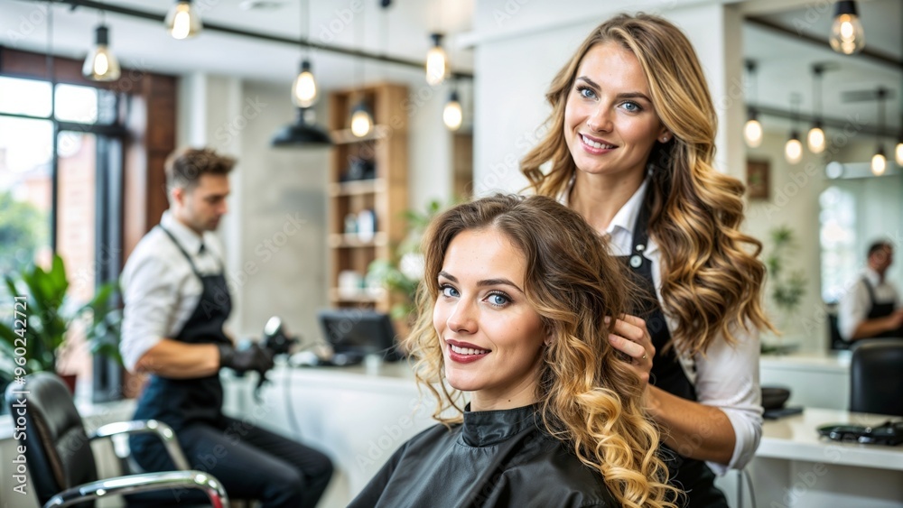 Hair salon or hair studio, Young female hairdresser fixing hair of gorgeous smiling woman. Hairdress and beauty concept Hair salon or hair studio, Young female hairdresser fixing hair of gorgeous smiling woman. Hairdress and beauty concept