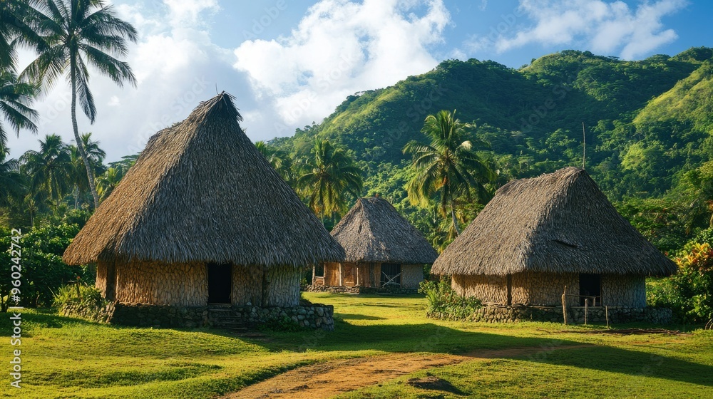 A traditional Fijian village on the Mamanuca Islands with thatched-roof huts. A traditional Fijian village on the Mamanuca Islands with thatched-roof huts.