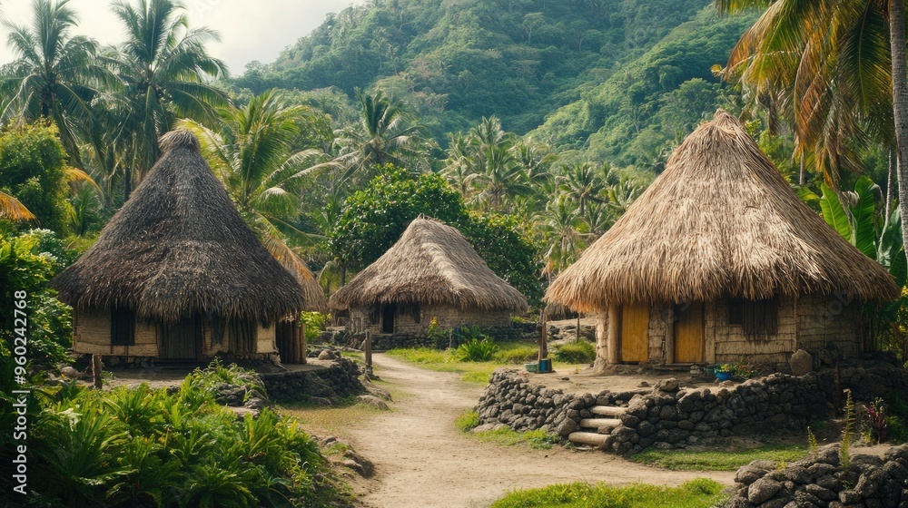 A traditional Fijian village on the Mamanuca Islands with thatched-roof huts. A traditional Fijian village on the Mamanuca Islands with thatched-roof huts.