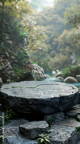 Stone podium on rock platform 3d illustration, product display stand on grey rock pedestal, green forest and blurred background, natural scenery landscape.