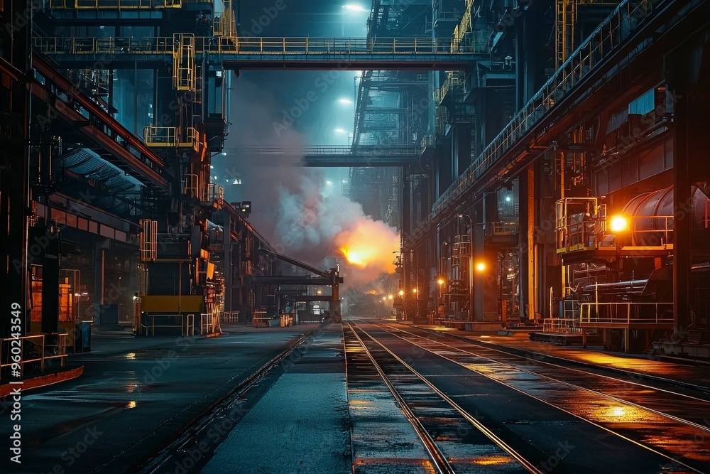 Obraz premium Industrial Complex at Night with Smoke and Glowing Lights